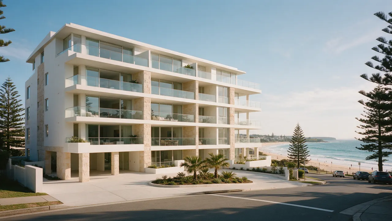 Illustration of a modern strata apartment building across from the beach