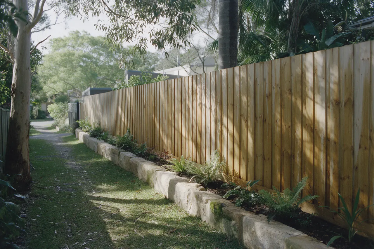 Illustration of a timber paling fence along a side passage