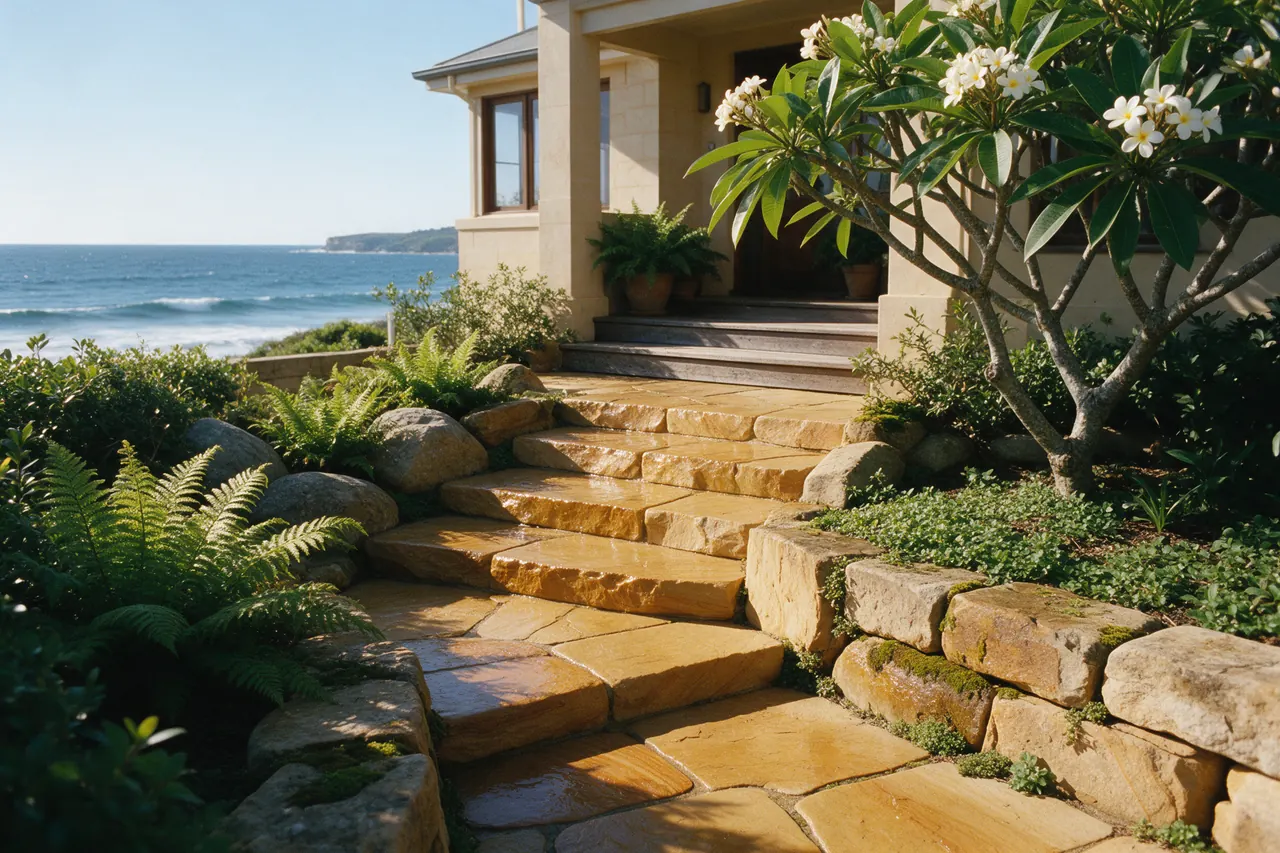 Illustration of sandstone garden steps in morning sun