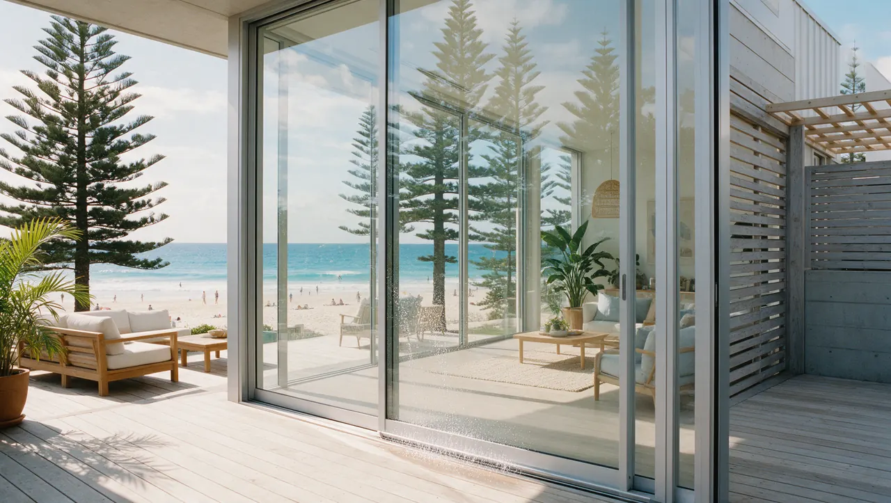 Illustration of glass sliding doors facing Norfolk pines and the ocean